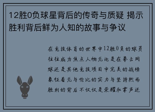 12胜0负球星背后的传奇与质疑 揭示胜利背后鲜为人知的故事与争议